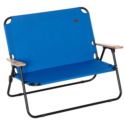 Outsunny Portable Folding Double Camping Chair Cup Holder, Loveseat for 2 Person, Outdoor Chair with Wood Armrest Beach Travel