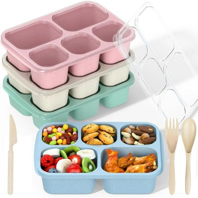 LunaLulinlk 4-pack reusable lunch boxes, 5-compartment meal boxes with cutlery and clear lids, microwave and dishwasher safe