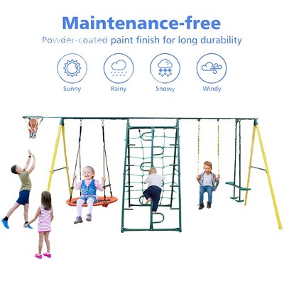 Swing Sets For Backyard, Metal A-Frame Swing Set With Saucer Swing, Belt Swing, Climbing Rope, Climbing Ladder, See Saw