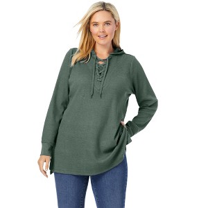 Woman Within Plus Size Waffle-Thermal Lace-Up Hoodie - 1 of 4