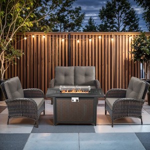 Buenhomino 5-Piece Patio Furniture Set with Fire Pit Table Wicker Outdoor Patio Chairs High Back Glider Loveseat Conversation Set - 1 of 4