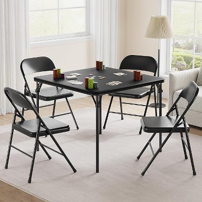 Portable Folding Table and Chair Set of 5, PU Foldable Table, and Metal Chairs, Table and Chairs Suitable for Living Room, Office, Camping-Black