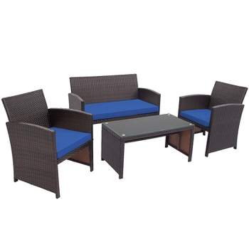 Tangkula 4PCS Outdoor Patio Furniture Sets Weather-Resistant Rattan Sofas w/ Soft Cushion Navy
