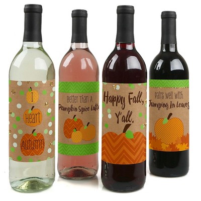 Big Dot of Happiness Pumpkin Patch - Fall, Halloween or Thanksgiving Party Decorations for Women and Men - Wine Bottle Label Stickers - Set of 4