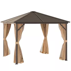 Outsunny Patio Gazebo 10' x 10', Netting & Curtains, Steel Slat Rain Canopy, Hardtop Roof, Hanging Hooks, Rust Resistant Aluminum Frame for Outdoor, Gardens, Lawns - Light Brown