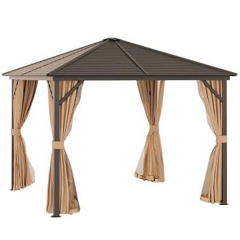 Outsunny 10x10 Hardtop Gazebo with Aluminum Frame, Permanent Metal Roof Gazebo Canopy with Curtains and Netting for Garden, Backyard, Light Brown