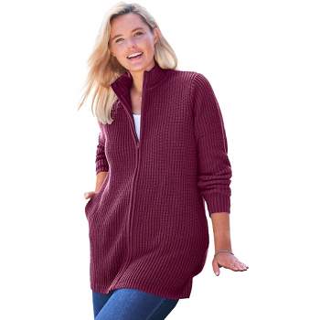 Woman Within Women's Plus Size Zip Front Shaker Cardigan