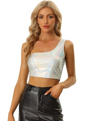 INSPIRE CHIC Women's Metallic Cropped One-Shoulder Party Cropped Holographic Tank Tops