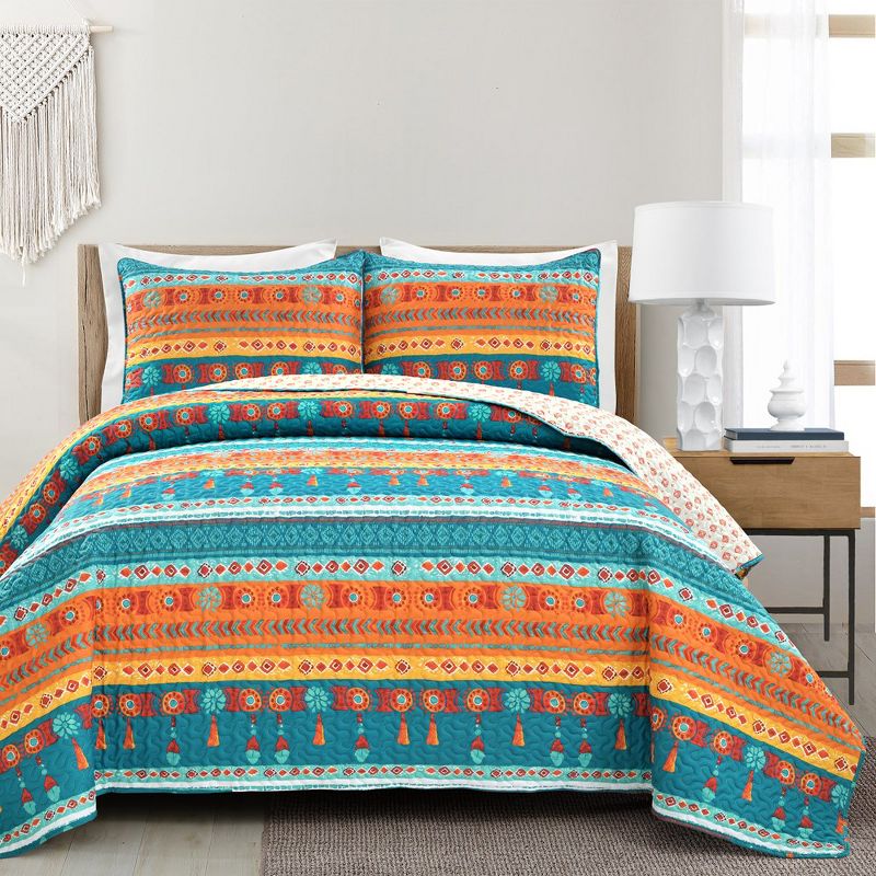 Boho Watercolor Border Quilt Turquoise/Multi 3Pc Set Full/Queen, 1 of 2