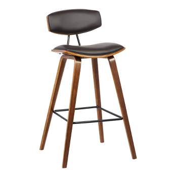26" Fox Mid-Century Counter Height Barstool in Brown Faux Leather with Walnut Wood - Armen Living