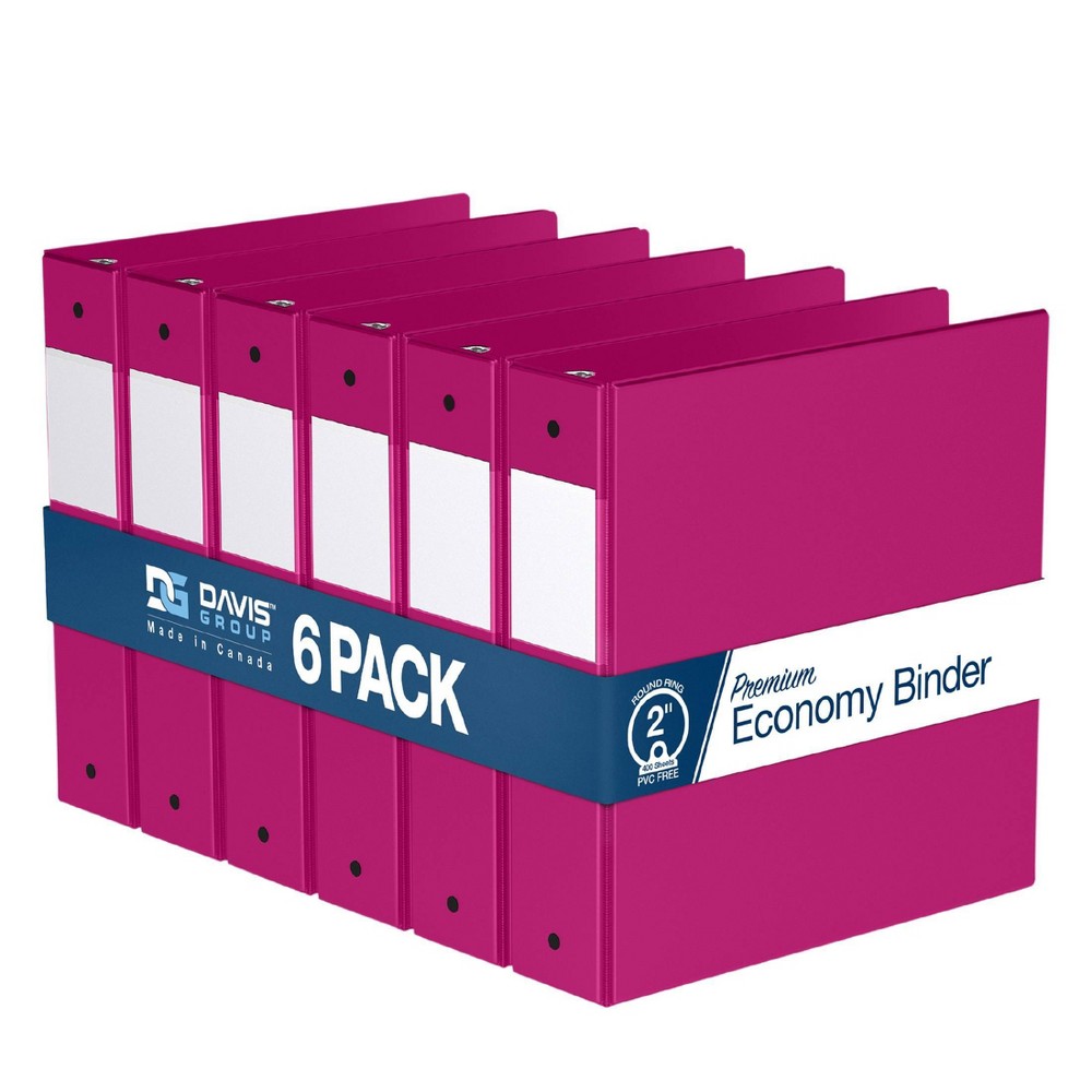 Davis Group 6pk 2" Premium Economy Round Ring Binders Pink: Hard Cover, 400 Sheet Capacity, 2 Pockets, Polypropylene