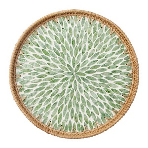 Aoibox Round Rattan Tray with Mother of Pearl Inlay, Decorative Wicker Serving Tray, Wooden Base Woven Basket for Bread Fruits Coffee - 1 of 4