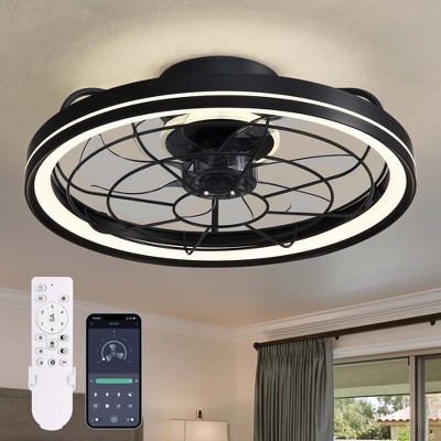 Ludomide Caged Low Profile Ceiling Fans with Lights and Remote, 19" Smart Flush Mount Ceiling Fan Light Kit for Bedroom, Kitchen Dining Room- Black