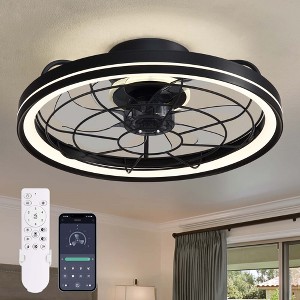 Ludomide Caged Low Profile Ceiling Fans with Lights and Remote, 19" Smart Flush Mount Ceiling Fan Light Kit for Bedroom, Kitchen Dining Room- Black - 1 of 4