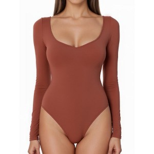 INSPIRE CHIC Women's Bodysuit Long Sleeve Slim Fit V Neck Tummy Control Brief Shapewear - 1 of 4