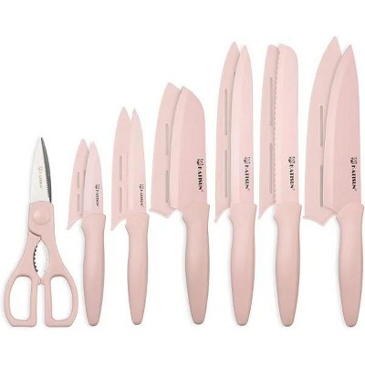Kitchen Knife Set w/ Guards, 13 Piece Pink Non-Stick Paint Boxed Knives Set, Anti-Rust and Dishwasher Safe, 6 Knives w/6 Blade Covers Kitchen Shears