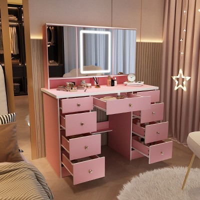 FUFU&GAGA LED Makeup Vanity with 9 Drawers Elegant Makeup Station