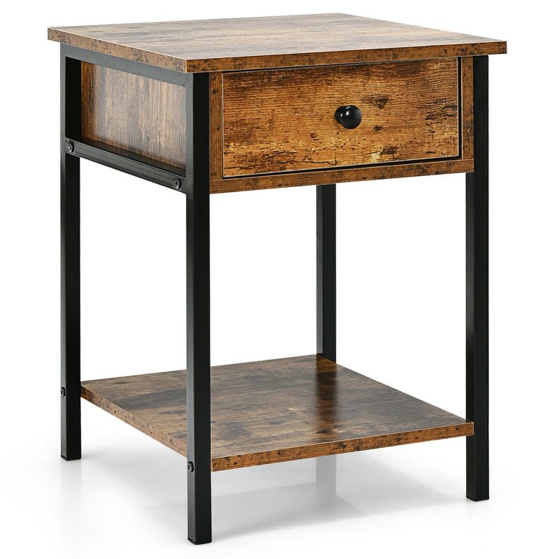 Costway Industrial End Side Table Nightstand with Drawer Shelf Rustic Brown, 1 of 14