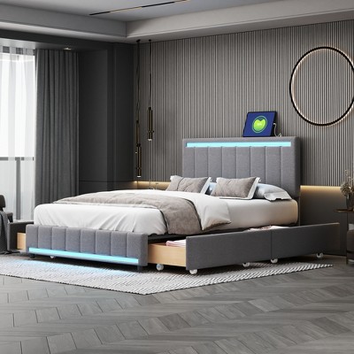 Full Size Linen Upholstered Bed With Led Light And 4 Drawers, Modern