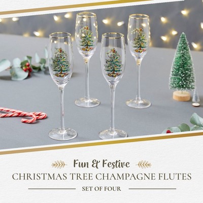 Spode Christmas Tree Gold Rimmed 8.5oz Champagne Flutes Set