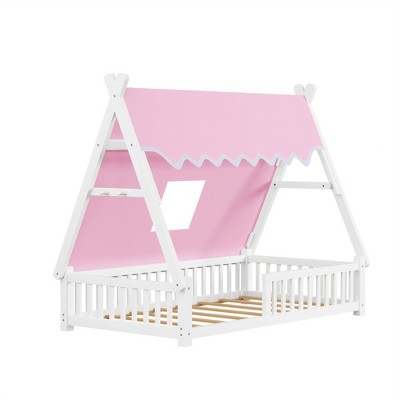 Vynxaria Twin House Bed with Fence and Roof, Low House Tent Bed for Kids Boys Girls,White