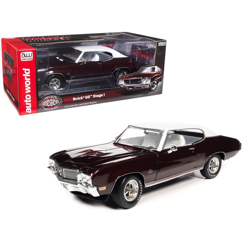 1970 Buick GS Stage 1 Burgundy Mist Metallic with White Top and Interior (MCACN) 1/18 Diecast Model Car by Auto World, 1 of 7