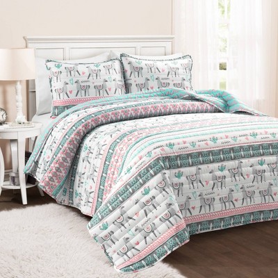 3pc Full/queen Kids' Boho Llama Reversible Oversized Quilt Set Pink ...