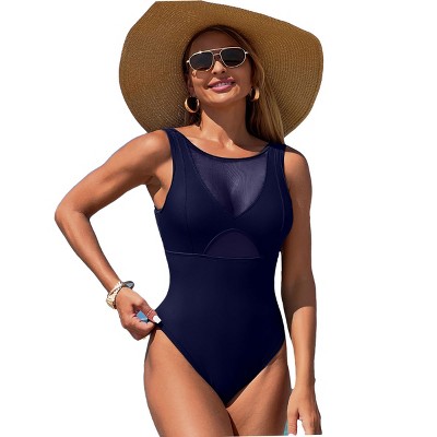 Racer Front Cutout Swimsuits Mesh Bathing Suits with Deep U Back Tummy Control Swimsuits Round Neck Cheeky Swimwear Summer Swimsuits for Women