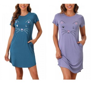 INSPIRE CHIC Women's 2 Pcs Cats Printing Pajamas Cute Printed Sleep Dress Short Sleeve Nightgowns - 1 of 4