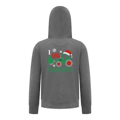 Everyday Kids Christmas Collection I Dig Christmas Zip Up Hoodies – Holiday Tractor Sweatshirt - Charcoal Gray