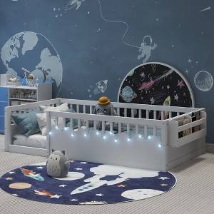 Hrinhom 78.5"W Twin Size Wood Platform Bed,Kids Floor Beds with Light and Storage Shelf - 1 of 4