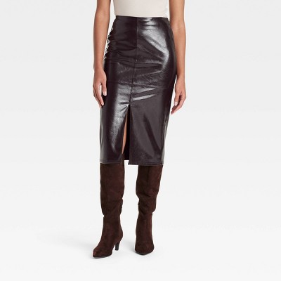 Women's Faux Leather Midi Skirt - A New Day™ Brown 16