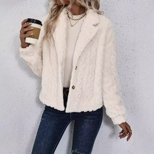 Women's Coat Faux Fur Long Sleeve Button Down Knit Lapel Jacket - 1 of 3