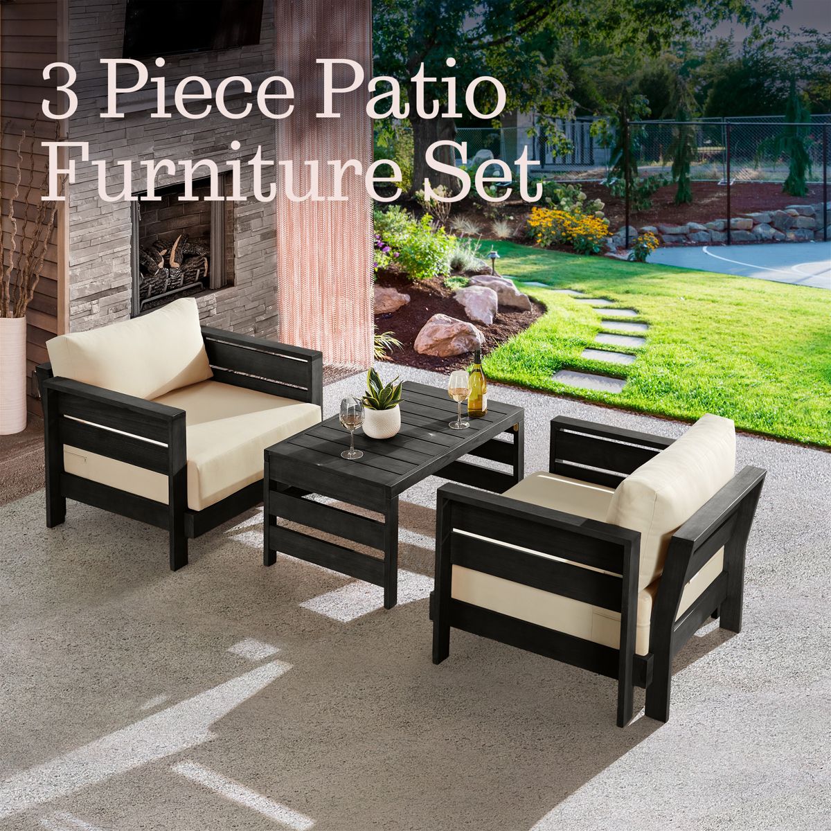 Alaterre Furniture Barton 3 Piece Patio Furniture Set - Weather-Resistant Eucalyptus Wood Outdoor Table and Chairs with Cushions - (Black) - thumbnail 2
