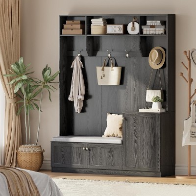 78.8" Hall Tree with Shoe Storage and Coat Rack, Farmhouse Entryway Bench, 4 Shoe Cubbies, 4 Coat Hooks, 3 Top Open Shelves