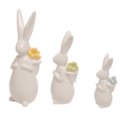 Transpac Ceramic Bunny Figurine Set of 3 with Backpacks Decorative Animal Figurines for Easter White Tabletop Decor Indoor Use Gift Giving and Hostess