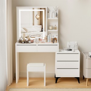 Makeup Vanity Desk with Mirror and Light, 45.3" Large Dressing Table with Cushioned Stool, Adjustable Brightness Vanity Set with Cabinet for Bedroom - 1 of 4