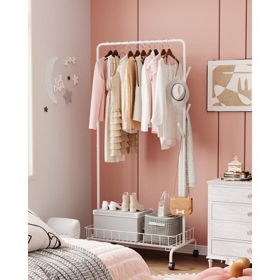 Clothing Rack with Wheels and Metal Storage Basket, Multi-functional Garment Rack for Hanging Clothes in Bedroom or Living Room