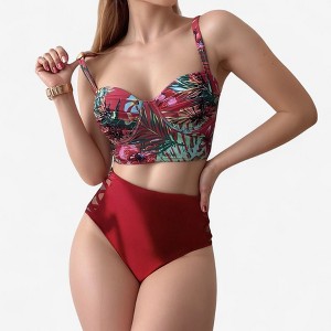 Anna-Kaci Women's Tropical Print Longline Bikini Top with High Waist Bottom and Lattice Side Details - 1 of 4