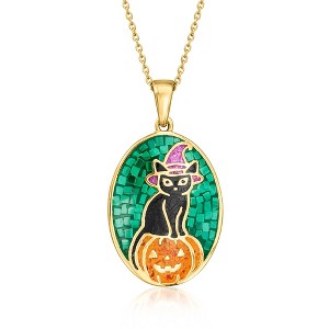 Ross-Simons Malachite, Onyx, Carnelian and 1.00 ct. t.w. Amethyst Halloween Cat Mosaic Inlay Pendant Necklace in 18kt Gold Over Sterling Size 18 - 1 of 4