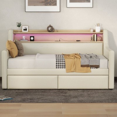 Streamdale Twin Daybed with Storage, Charging Station, LED Lights, and Bronze Nailhead Trim