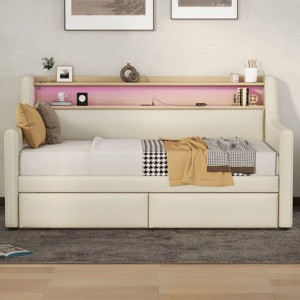 Streamdale Twin Daybed with Storage, Charging Station, LED Lights, and Bronze Nailhead Trim - 1 of 4