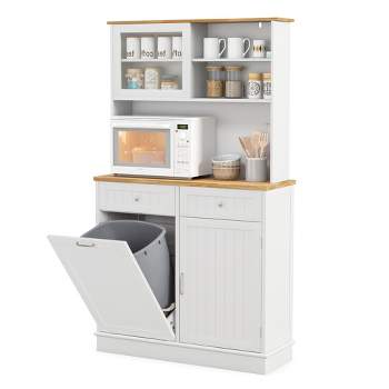 Tangkula Double Tilt Out Trash Cabinet w/ Hutch Kitchen Pantry Storage Cabinet White