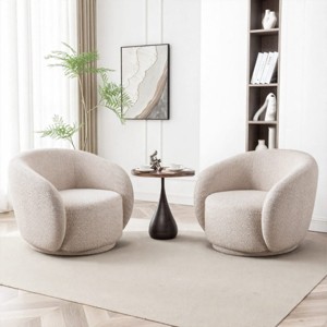 Set of 2 Swivel Accent Chairs, Boucle Barrel Chair with Solid Wood Frame,Single Upholstered Barrel Lounge Armchairfor Living Room-Koiai - 1 of 4