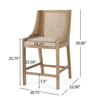 Beige Wood and Cane Upholstered Counter Stools, Set of 2