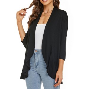 Coolmee Women Cardigan 3/4 Sleeves Open Front Midweight Cardigan Draped Ruffles Casual Cardigan - 1 of 4