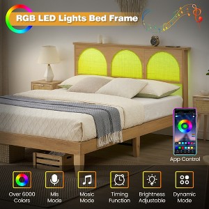 Modern Wood Bed Frame with Natural Rattan Headboard, Strong Wood Slats Support, RGB LED Lights - 1 of 4