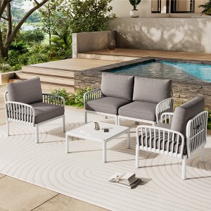 Chic Crate-5-Piece Modern Outdoor Patio Conversation Set with Square Table, Waterproof Thick Cushions  White & Light Gray - 1 of 4