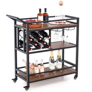 Tangkula 3-Tier Bar Cart Wheels Rolling Serving Cart with Wine Rack and Glass Holder Industrial Storage for Kitchen Dining Room Rustic Brown/Brown - 1 of 4