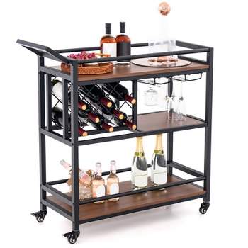 Tangkula 3-Tier Bar Cart Wheels Rolling Serving Cart with Wine Rack and Glass Holder Industrial Storage for Kitchen Dining Room Rustic Brown/Brown